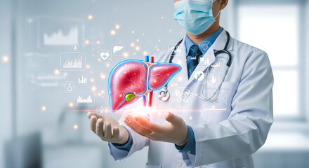 Doctor presenting a holographic image of a liver with medical icons floating around it in a hospital