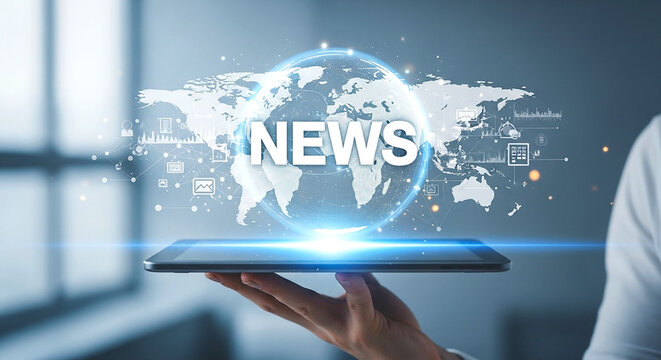 A person holding a tablet displaying news over a world map with digital icons in a bright setting