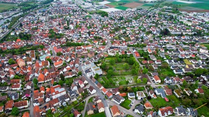 Aerial panoramic view around the old town of the city  Kirchheim am Neckar on a sunny spring noon...