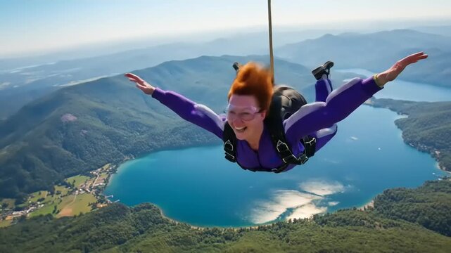 Skydiving Woman Over Lake.
