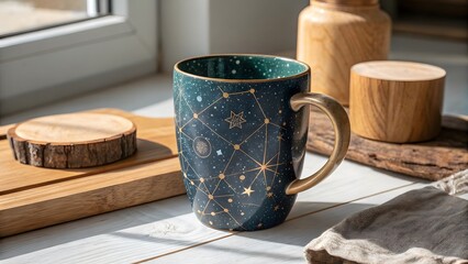 Stylish dark blue mug with gold constellation pattern and gold handle