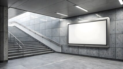 Obraz premium Modern concrete subway station with blank advertising billboard and stairs