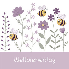 Weltbienentag - Schriftzug in deutscher Sprache. Quadratische Vektorgrafik mit niedlichen Bienen und violetten Blumen.