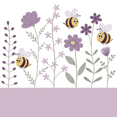 Quadratische Vektorgrafik mit niedlichen Bienen und violetten Blumen. Freier Platz für Text. Vorlage für Einladungen, Grußkarten, Werbung und Social Media Posts.