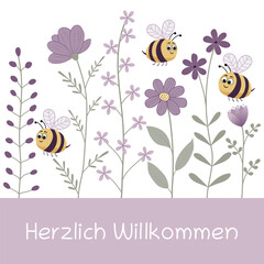 Herzlich Willkommen - Schriftzug in deutscher Sprache. Quadratische Vektorgrafik mit niedlichen Bienen und violetten Blumen.