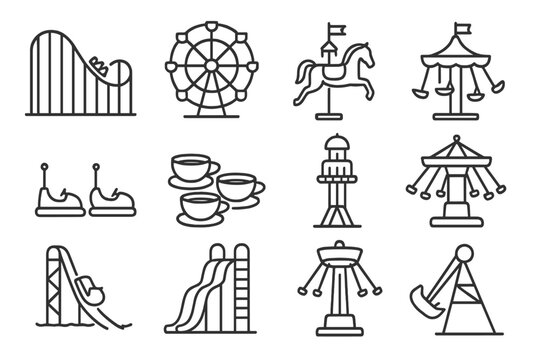 Amusement park ride icons on dark background