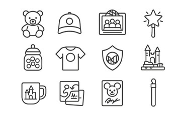 Collection of children's toys and games icons in light gray