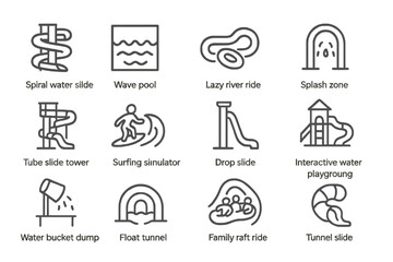 Fototapeta premium Water park icons: slides, pools, and play zones in outline style