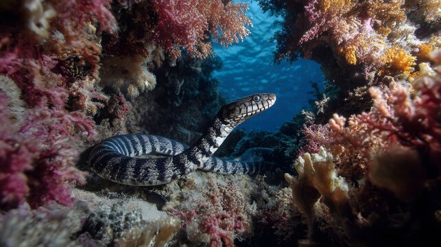 Banded sea krait resting among the coral reef in the ocean with blue water view