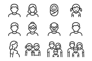 Simple black family icons set representing diverse ages and stages of life
