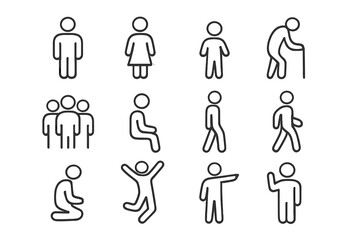 Stick figure pictograms displaying various human poses and actions
