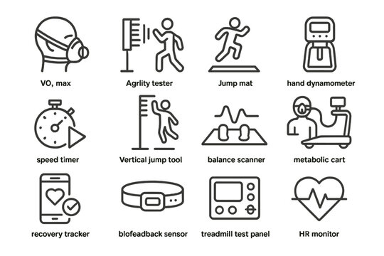 Fitness assessment tools: vo2 max, agility tester, jump mat, hr monitor