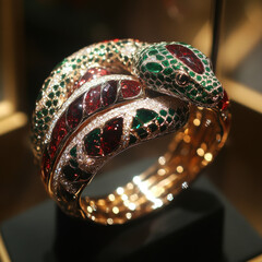 Fototapeta premium Luxurious snake shaped bracelet adorned with green and red gemstones, set in gold, exudes elegance and sophistication. intricate design and sparkling jewels make it statement piece