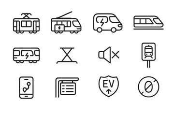 Electric transport icons collection with train, bus, van, and ev symbols