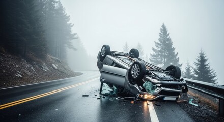 An overturned car lays wrecked on a wet mountain road with fog and pine trees in the background, depicting a serious vehicle accident.