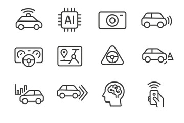 Icons of autonomous car technology and ai on a dark background