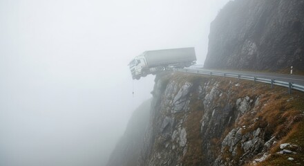 Truck accident on a foggy mountain road, the semi truck is hanging off a cliff. Insurance concept.