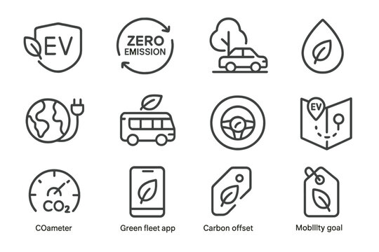 Eco-friendly icons promoting electric vehicles and sustainable transportation
