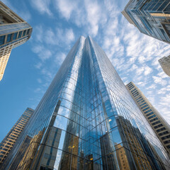 A low-angle view capture impressive height of glass skyscrapers, reflecting vibrant blue sky with scattered clouds. Concept of success, urban development, financial districts, contemporary business