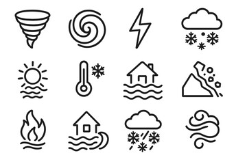 Weather icons: tornado, lightning, snow, sun, temperature, flood, fire, wind
