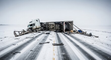 Large semi truck and its cargo trailer after a major accident lying overturned on a snow covered highway in winter.