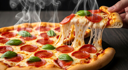 A close-up shot of a steaming hot pepperoni pizza with fresh basil leaves, as a human hand lifts a slice, showcasing the incredible, gooey, stretching melted cheese.