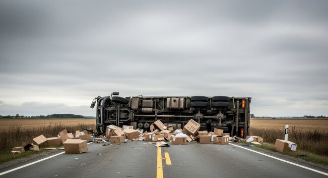 Overturned cargo truck with spilled boxes on a desolate country road. Road accident and vehicle rollover concept for insurance and safety.