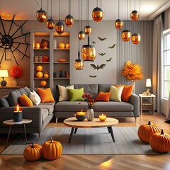A modern living room interior featuring an orange sofa, comfortable furniture, and contemporary decor