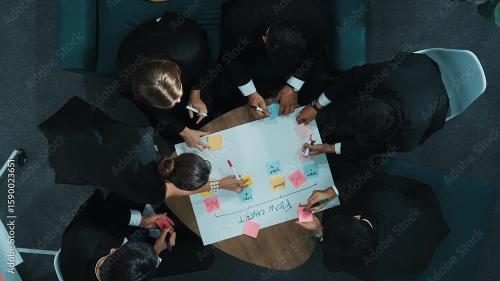 Poster top down view of business people hands making scrum task board to manage workflow in workplace. dive
