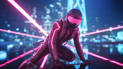 Sleek agent in neon suit, poised for action in a vibrant cyberpunk city at night.