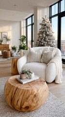 Obraz premium Cozy Living Room With Modern Furniture and Christmas Tree Decorated in Bright Natural Light