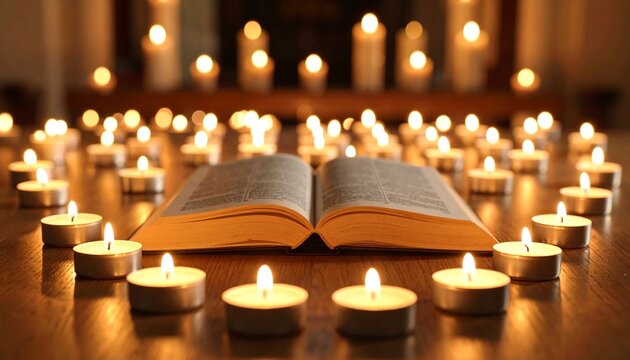burning candles in church near Bible