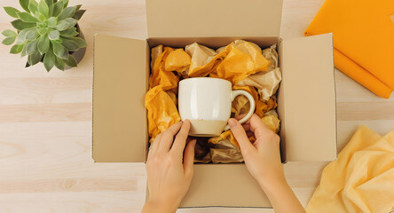A top-down view of hands packing a handmade mug into a box with sustainable packaging.