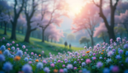 Obraz premium Photo of a serene park with cherry blossoms and colorful flowers in spring