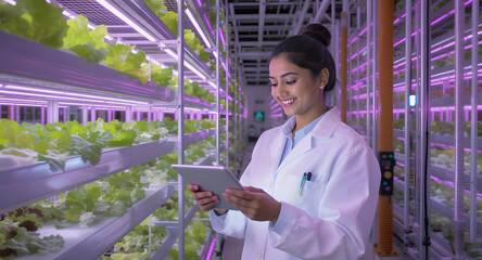 A female scientist inspects crops in a modern vertical farm using a digital tablet.