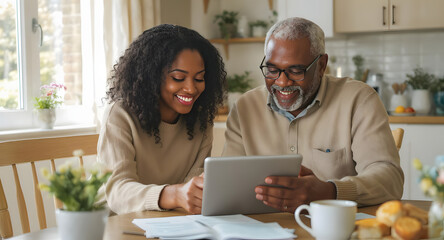 A daughter helps her elderly father with financial planning on a digital tablet at home.