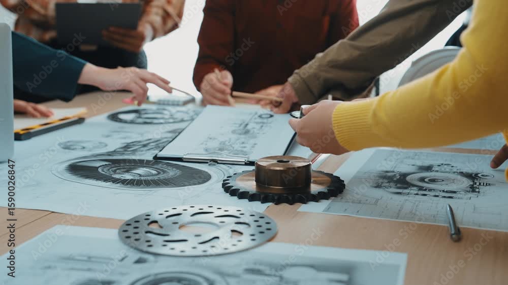 Poster engineers work together on a detailed design session, focusing on technical drawings and mechanical 