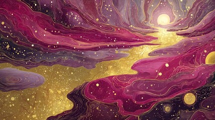 Vibrant cosmic landscape with swirling colors and celestial bodies in the night sky