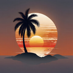 Minimal Palm Tree Island with Sunset Over Ocean – Tropical Landscape Art