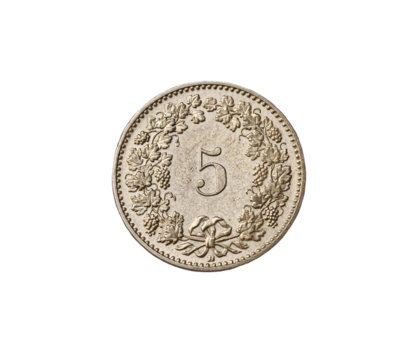 Reverse side or tails of a Swiss 5 Rappen coin showing a wreath of two grapevine branches with three bunches of grapes each, tied with a ribbon below, and the denomination number 5 in the center.