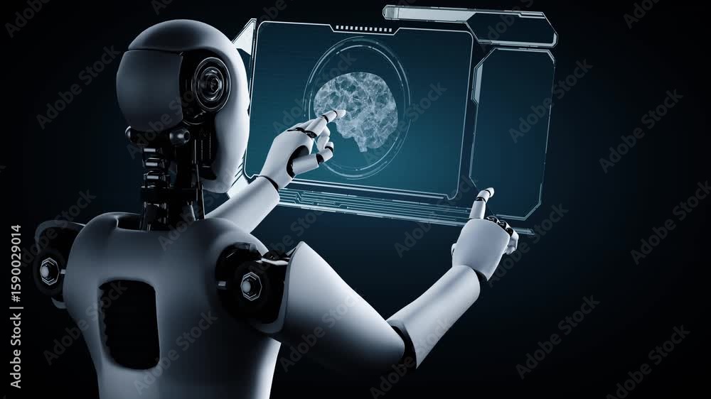 Poster ai hominoid robot touching virtual hologram screen showing concept of ai brain and artificial intell