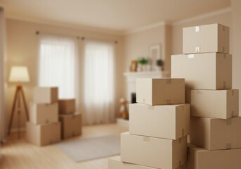 Boxes piled in living room with soft bokeh effect. Copy space