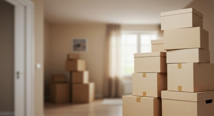 Moving boxes stacked near window inside a blurred home setting. Copy space