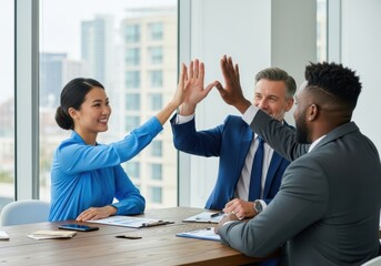 Diverse business team celebrates success with high fives in modern office meeting
