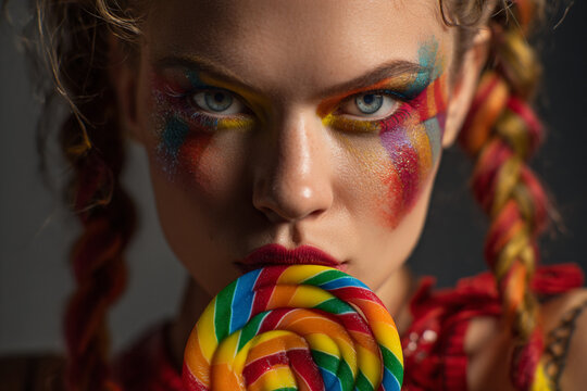 Colorful carnival themed portrait featuring young woman with vibrant makeup and candy