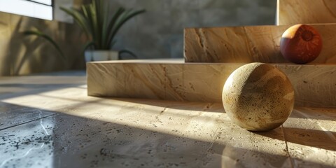 Stone steps with stone ball artifacts contrasting against them.