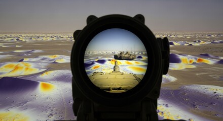 Periscope view of a tank in a military setting with thermal imaging overlay. War, conflict, and reconnaissance concept.