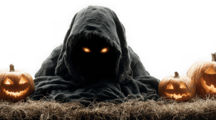 A spooky hooded figure with glowing eyes sits between two carved pumpkins isolated on transparent background