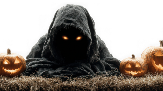 A spooky hooded figure with glowing eyes sits between two carved pumpkins isolated on transparent background