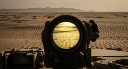 View through a weapon scope across a vast desert landscape with sand dunes and distant mountains. Military concept.